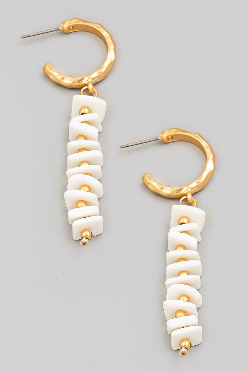 Stacked Shell Beaded Charm Hoop Earrings In White - Infinity Raine