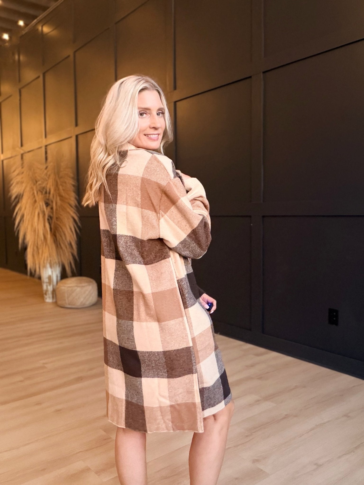Farmland Plaid Open Coat In Taupe Multi - Infinity Raine