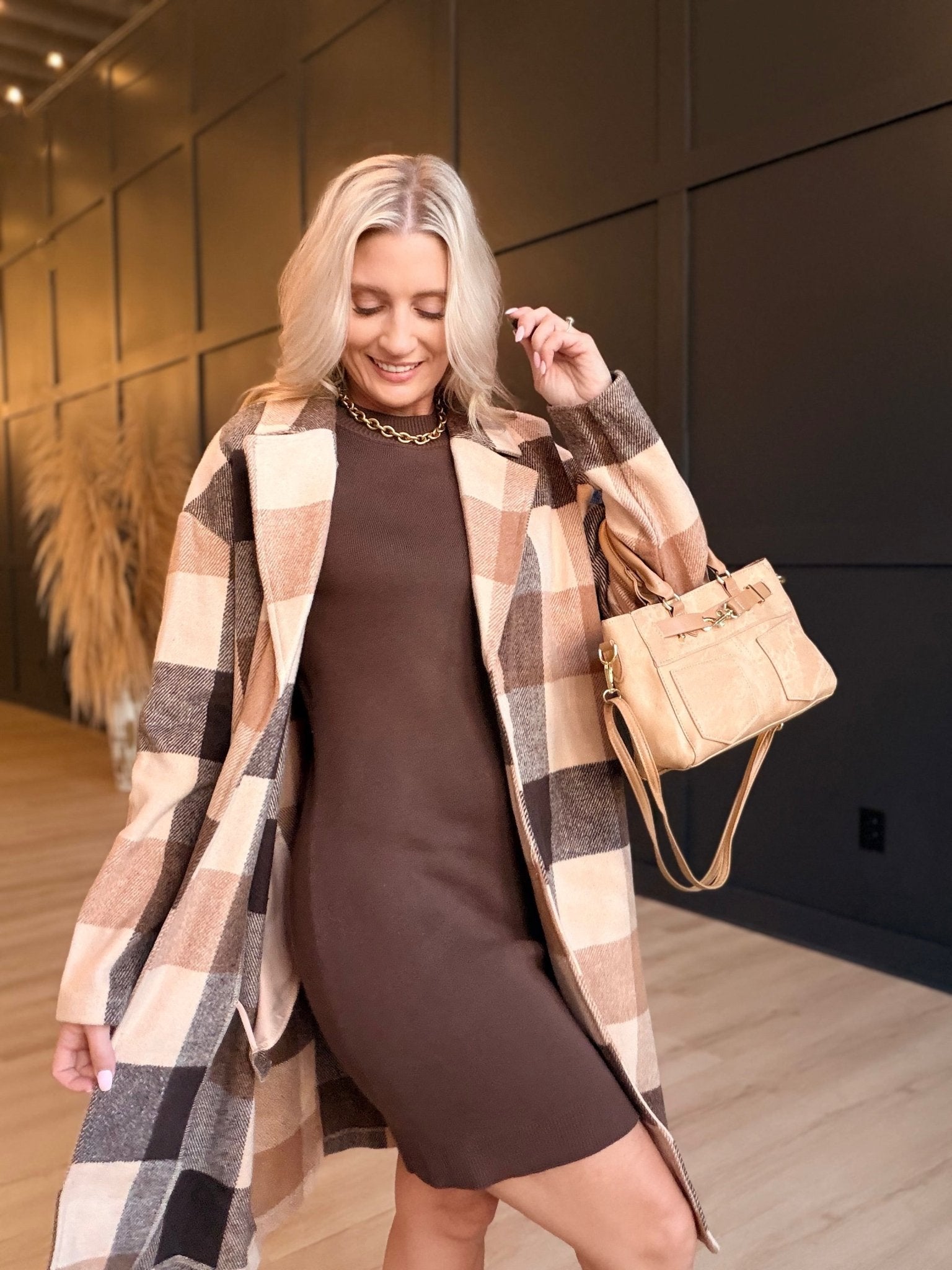 Farmland Plaid Open Coat In Taupe Multi - Infinity Raine