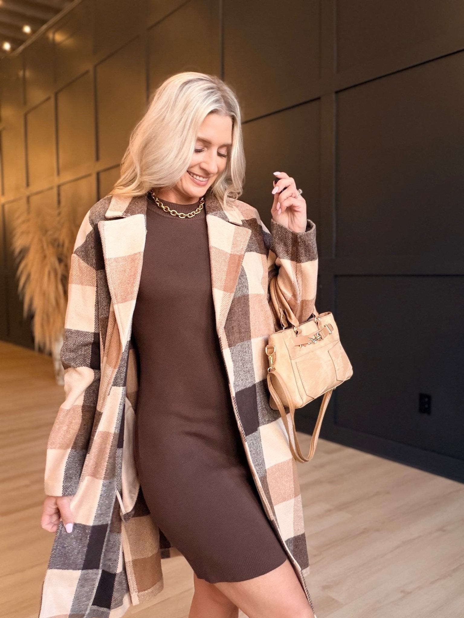 Farmland Plaid Open Coat In Taupe Multi - Infinity Raine
