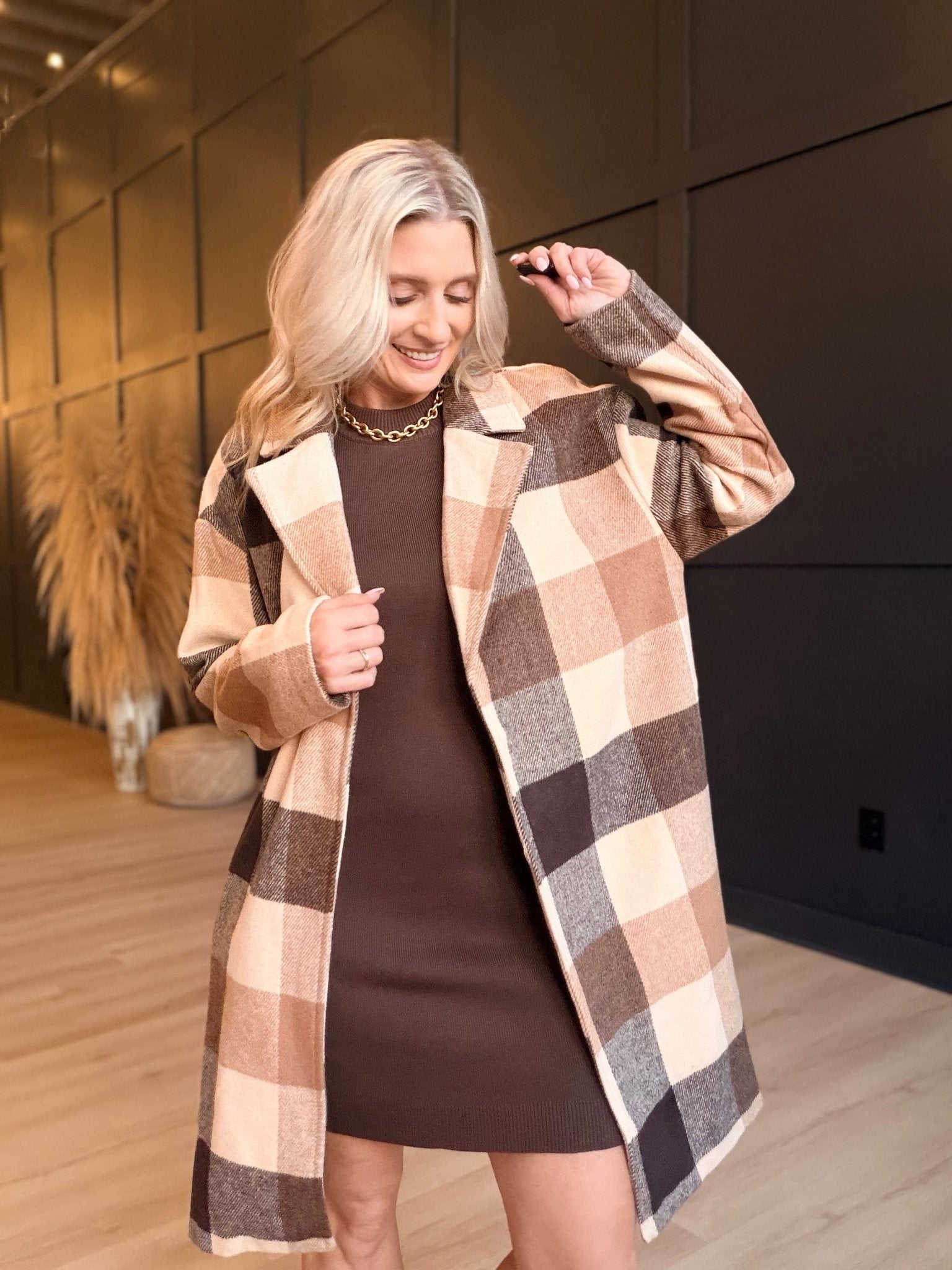 Farmland Plaid Open Coat In Taupe Multi - Infinity Raine