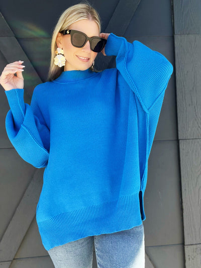 Side Slit Oversized Sweater-Ocean Blue - Infinity Raine