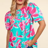Mock Neck Bubble Sleeve Floral Blouse In Turquoise - Infinity Raine
