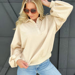 Soft Touch Quarter Snap Pullover Sweatshirt-Beige - Infinity Raine