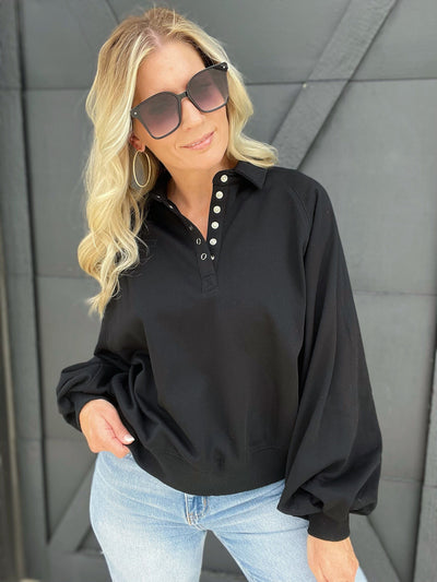 Soft Touch Quarter Snap Pullover Sweatshirt-Black - Infinity Raine