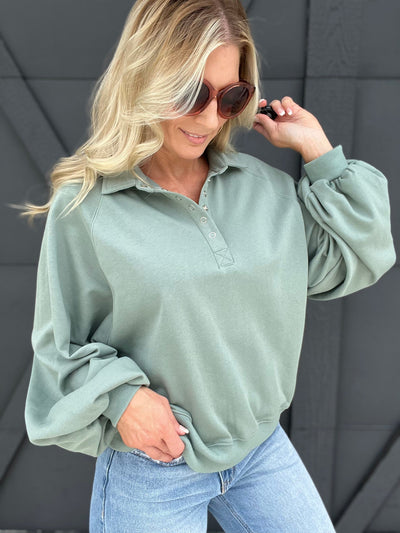Soft Touch Quarter Snap Pullover Sweatshirt-Olive - Infinity Raine