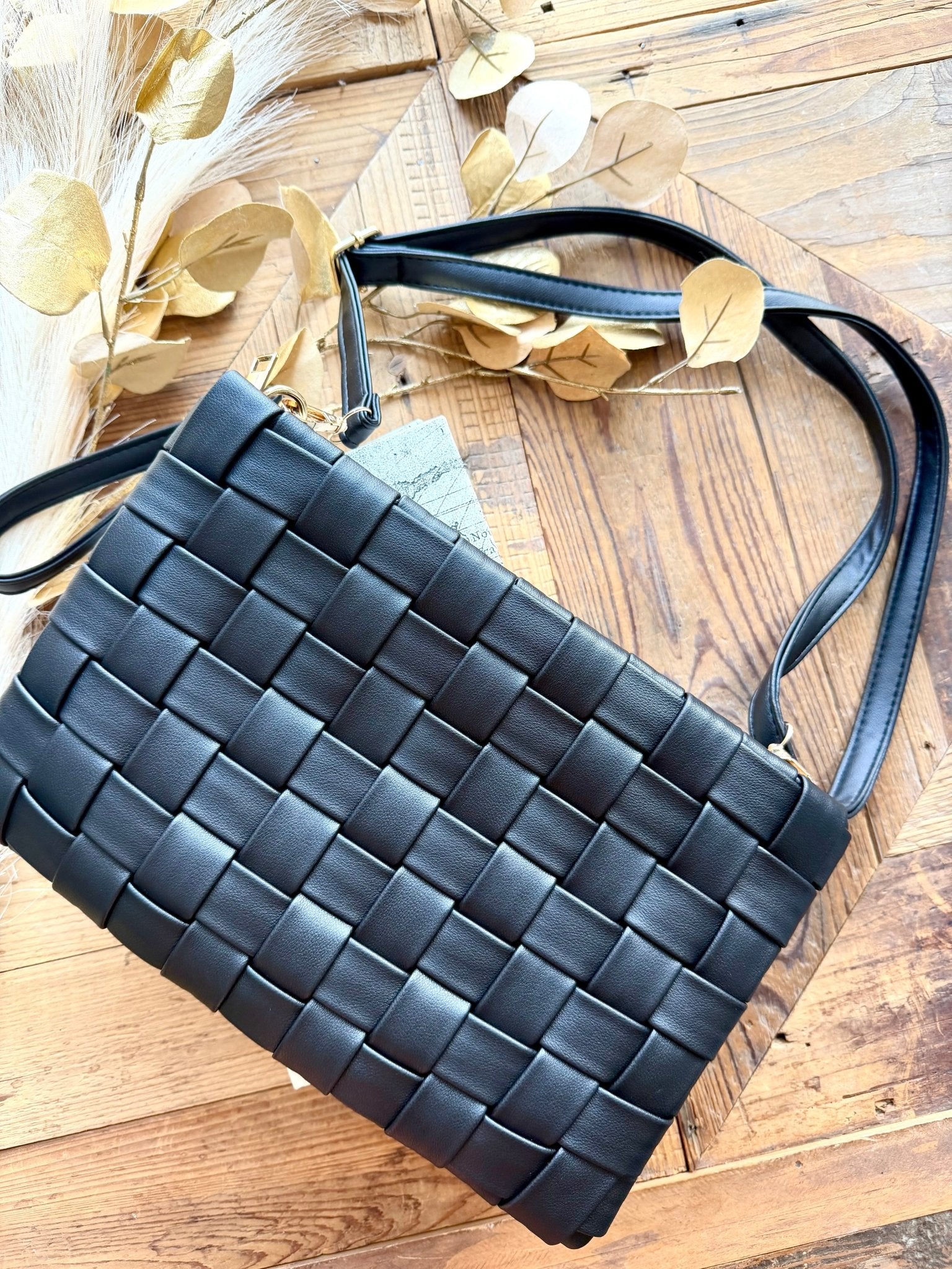 Faux Leather Basket Weave Hand Bag In Black - Infinity Raine