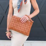 Faux Leather Basket Weave Hand Bag in Brown - Infinity Raine