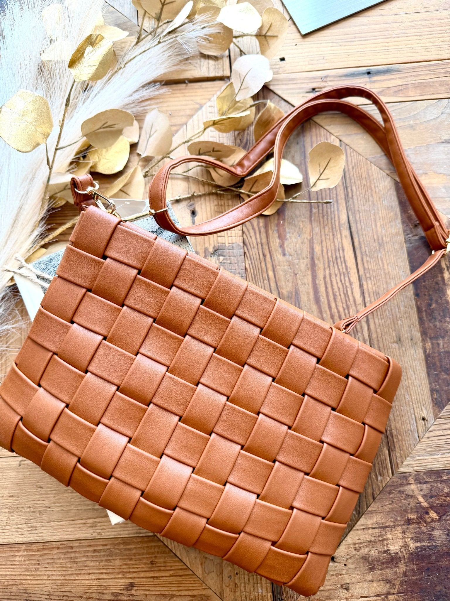 Faux Leather Basket Weave Hand Bag in Brown - Infinity Raine