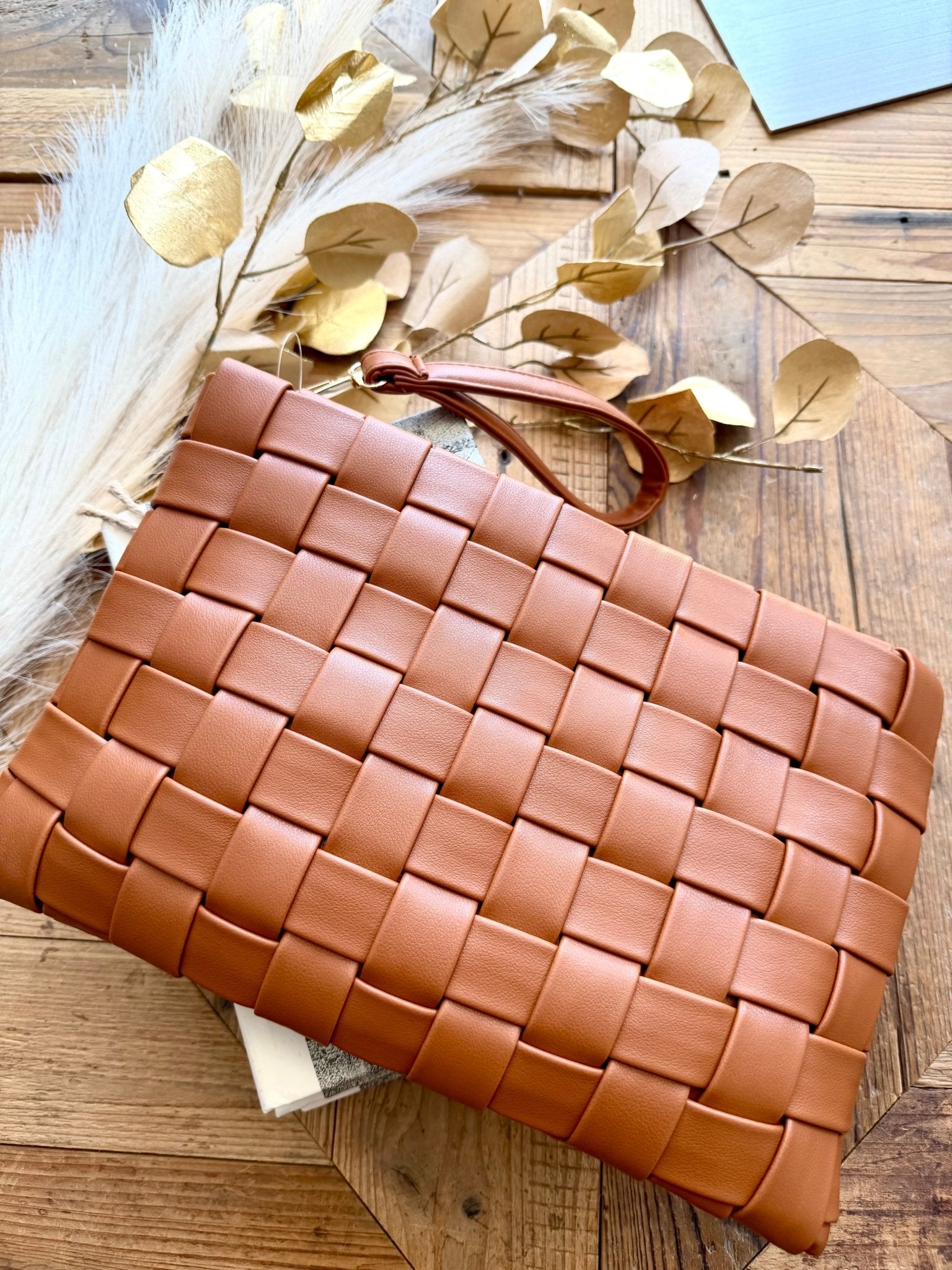 Faux Leather Basket Weave Hand Bag in Brown - Infinity Raine