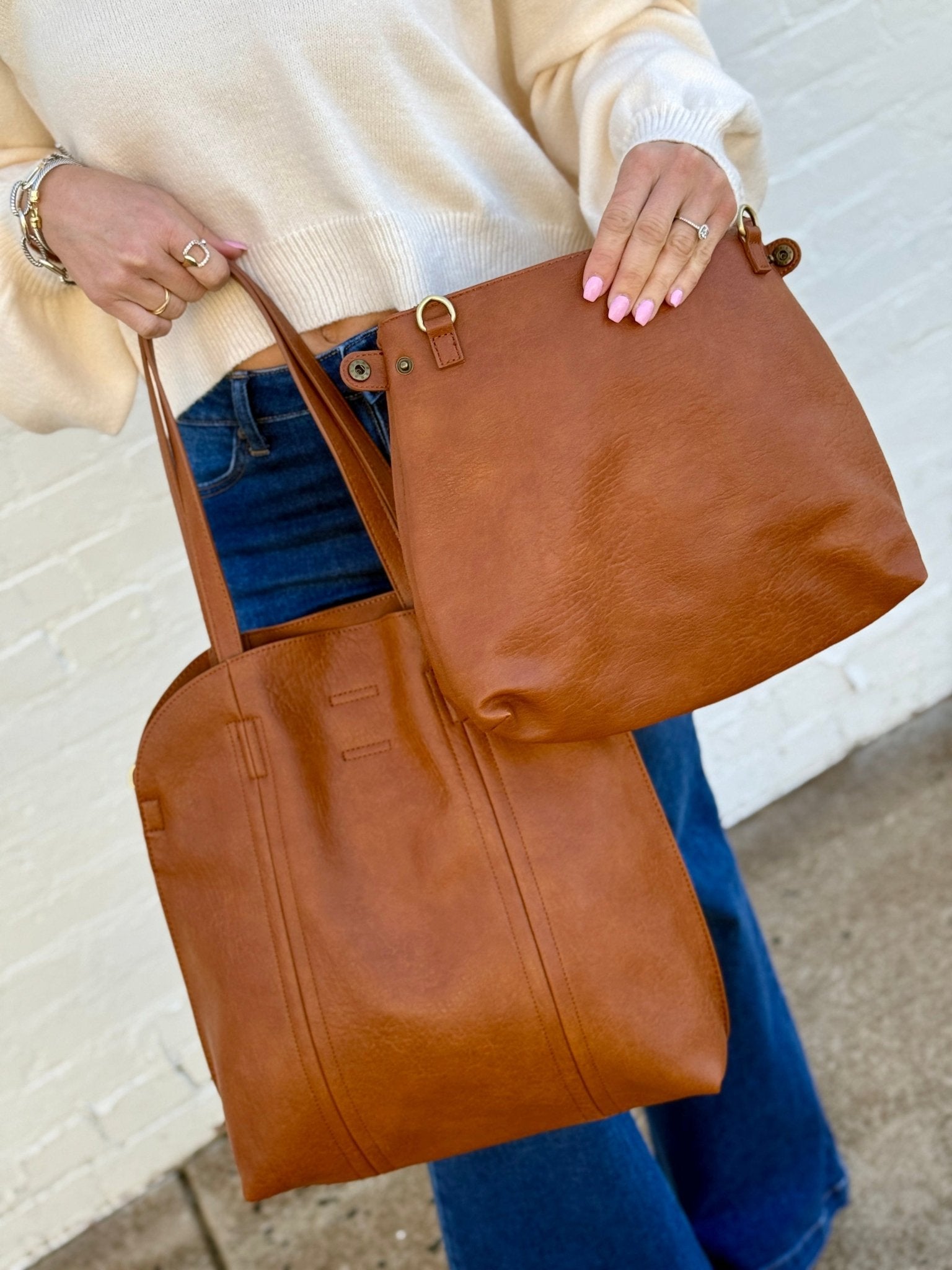 Faux Leather Shoulder Tote In Camel - Infinity Raine