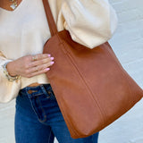 Faux Leather Shoulder Tote In Camel - Infinity Raine