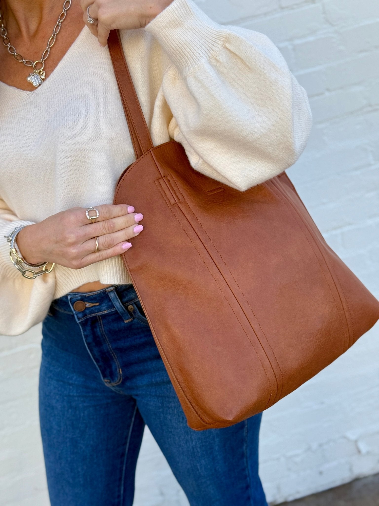 Faux Leather Shoulder Tote In Camel - Infinity Raine