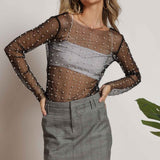 Faux Pearls Mesh Top In Black - Infinity Raine