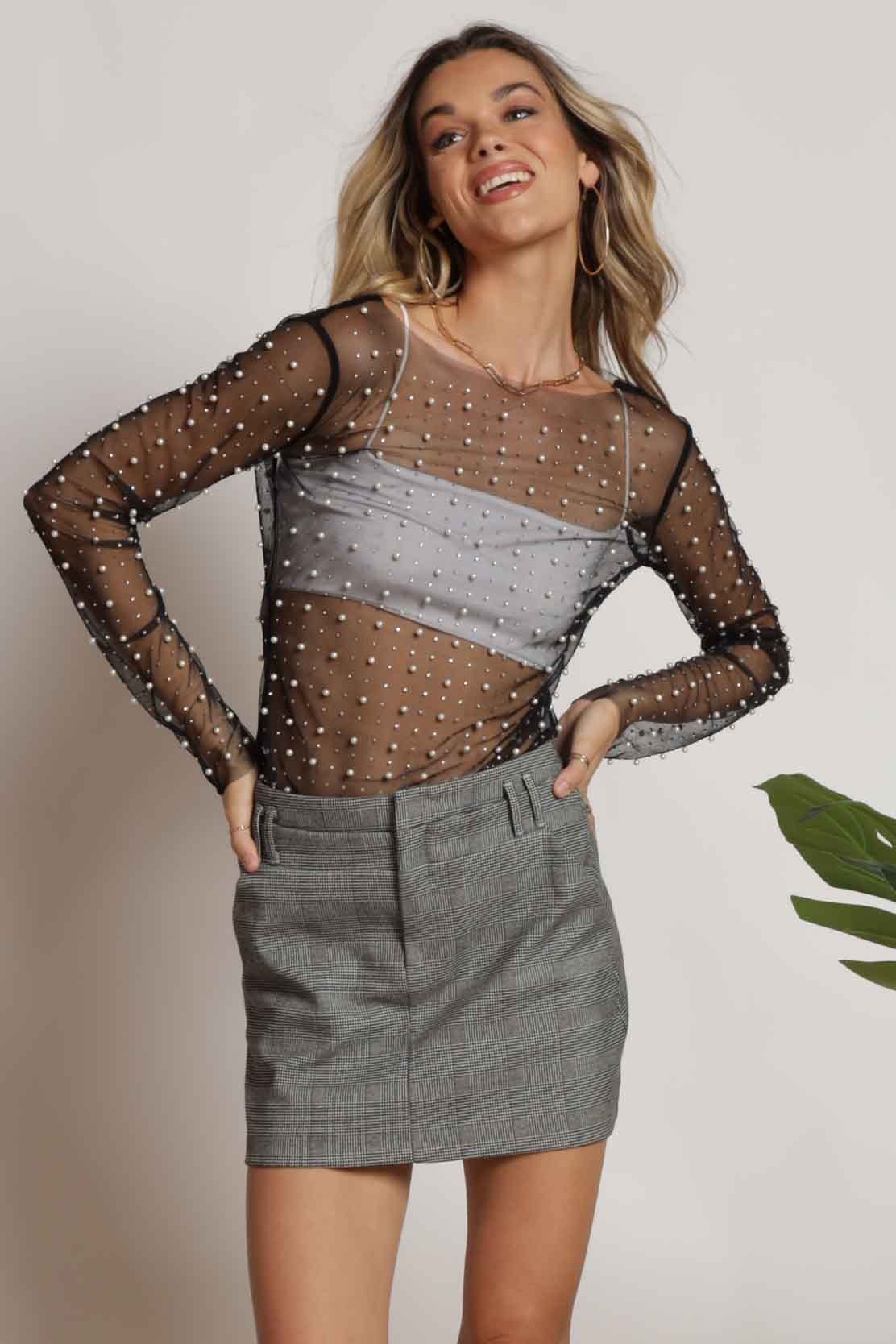 Faux Pearls Mesh Top In Black - Infinity Raine