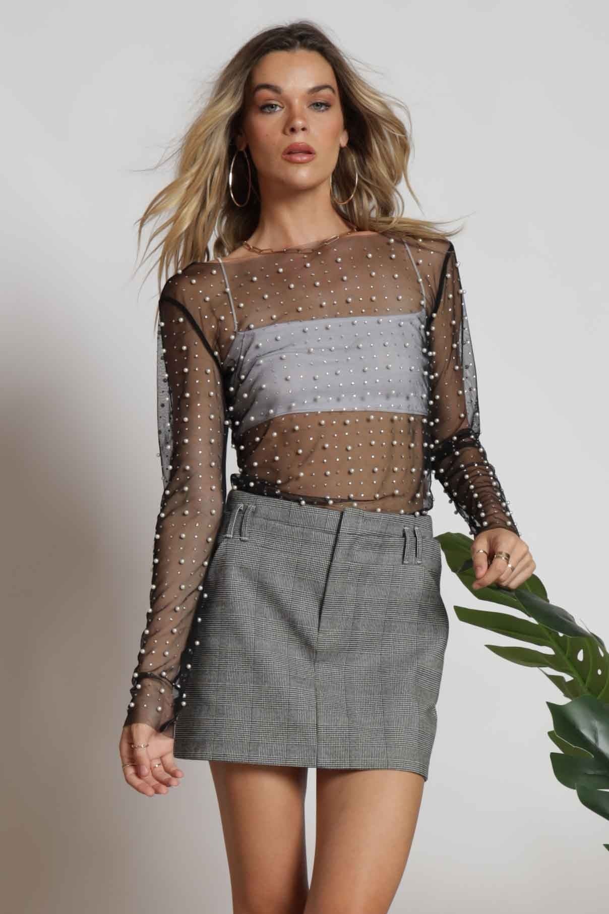 Faux Pearls Mesh Top In Black - Infinity Raine