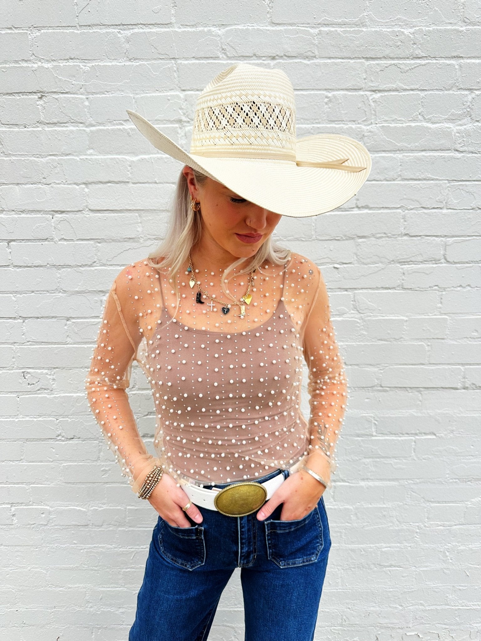 Faux Pearls Mesh Top In Nude – Infinity Raine