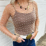 Faux Pearls Mesh Top In Nude - Infinity Raine