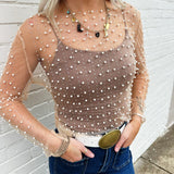 Faux Pearls Mesh Top In Nude - Infinity Raine