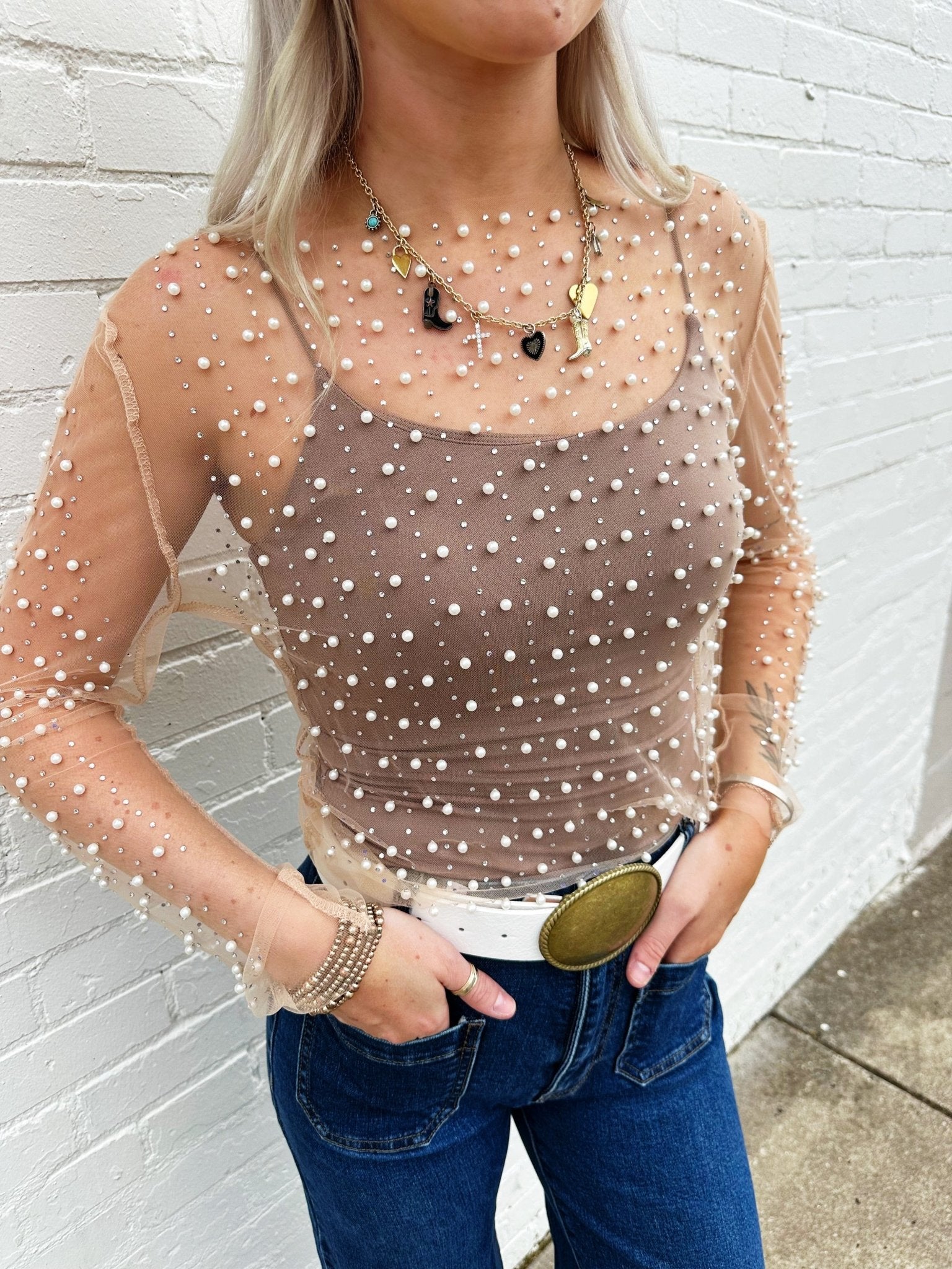 Faux Pearls Mesh Top In Nude - Infinity Raine