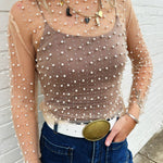 Faux Pearls Mesh Top In Nude - Infinity Raine