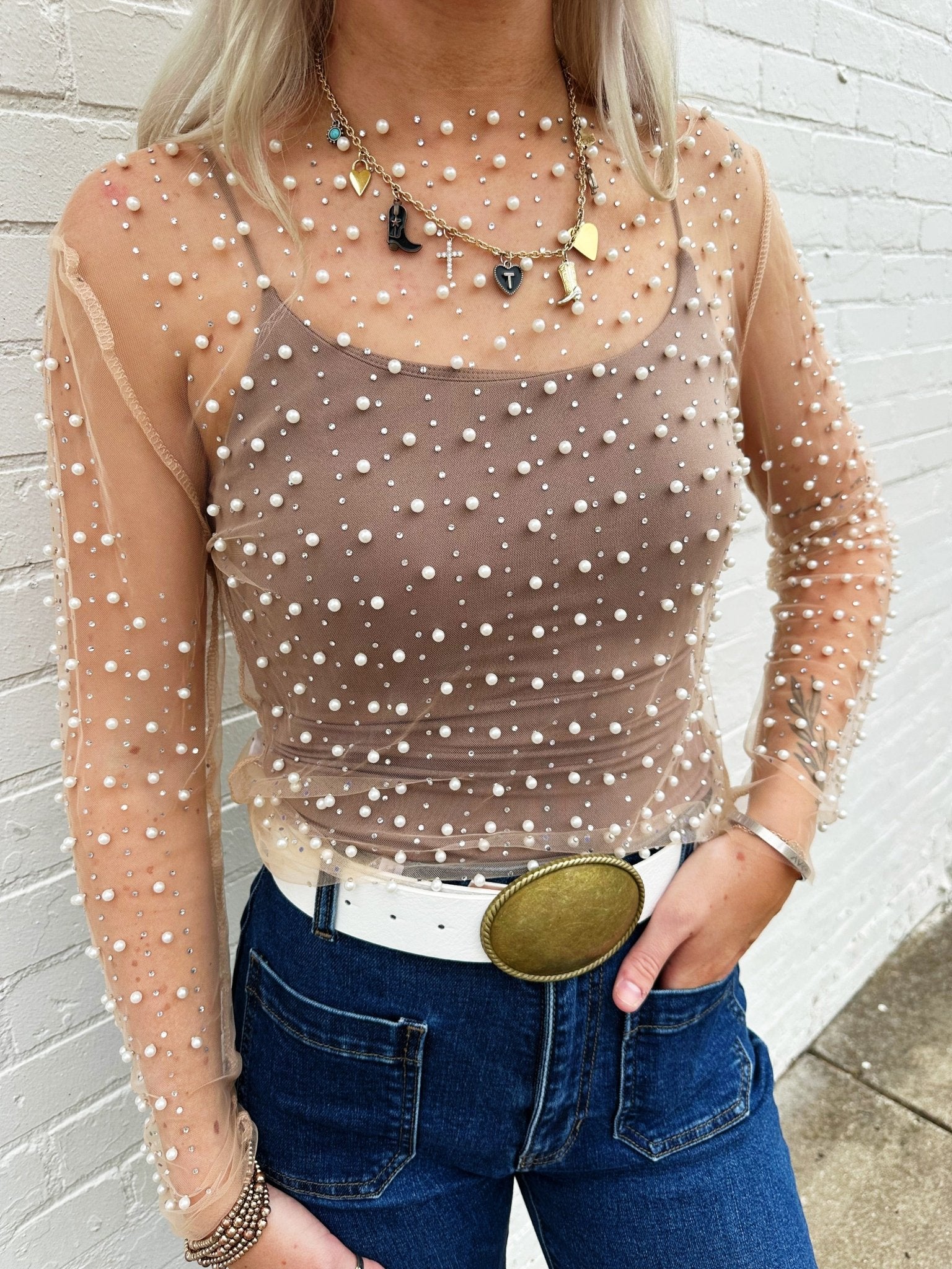 Faux Pearls Mesh Top In Nude - Infinity Raine