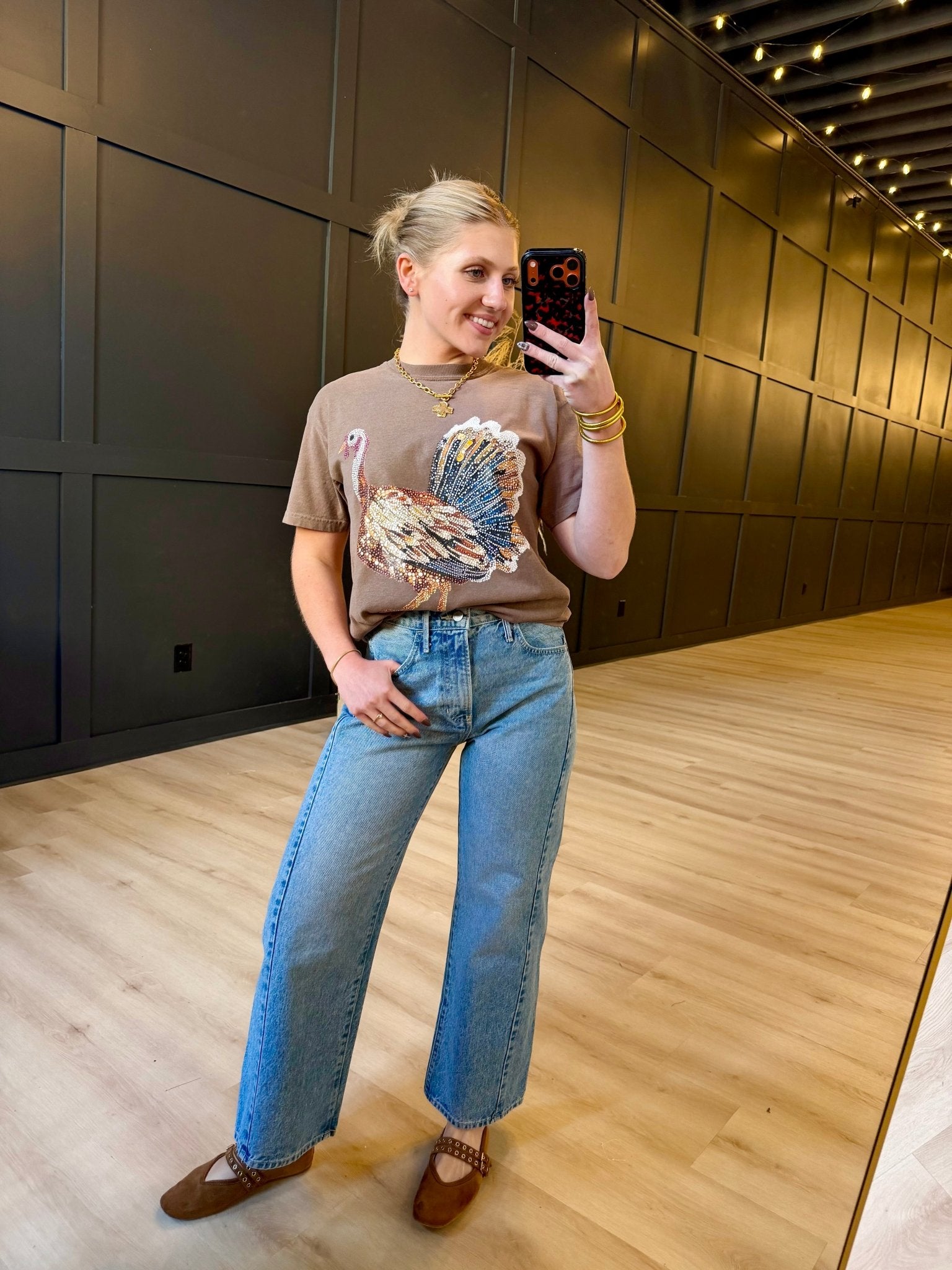 Faux Rhinestone Turkey Graphic Tee In Espresso - Infinity Raine