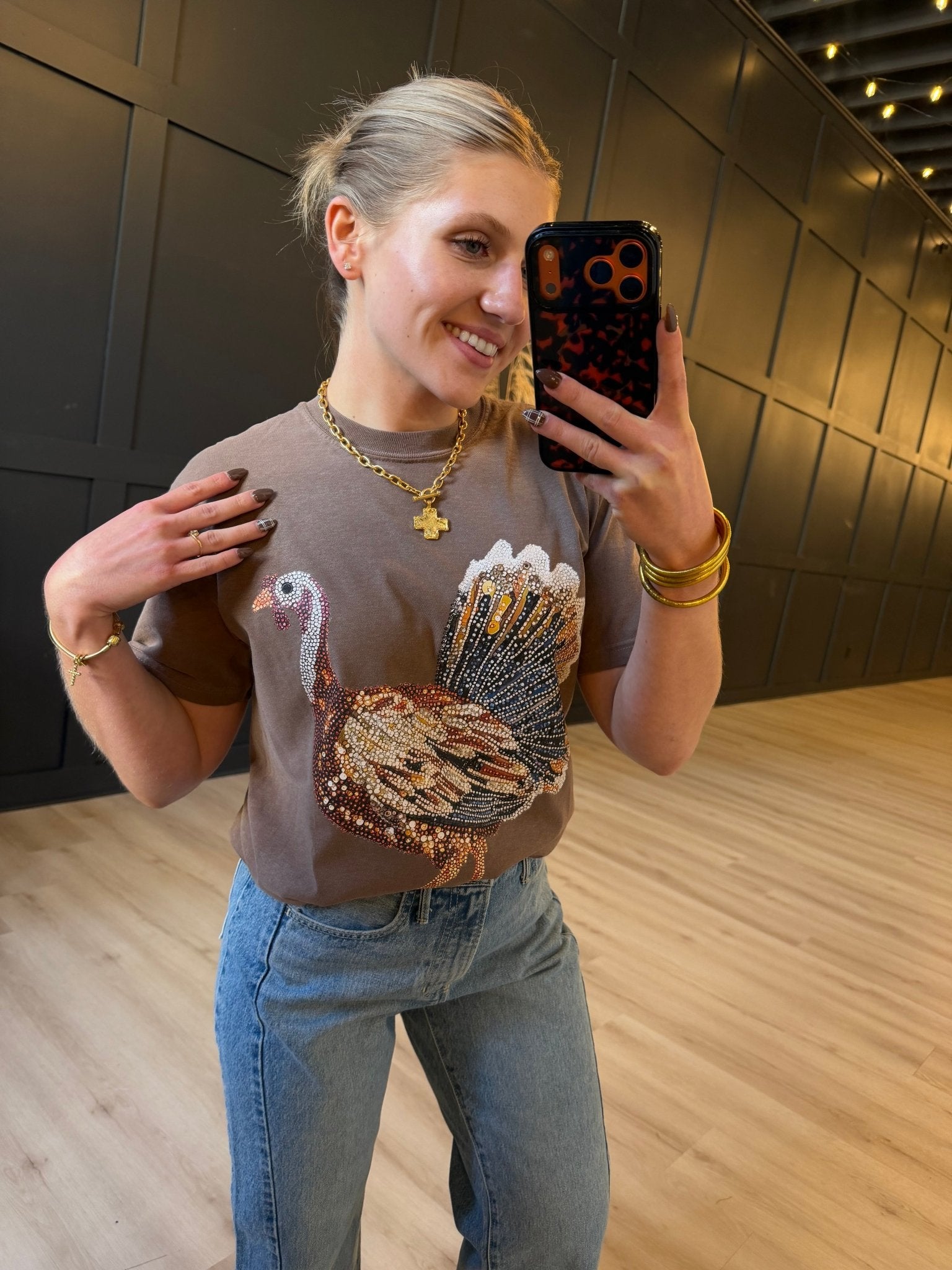 Faux Rhinestone Turkey Graphic Tee In Espresso - Infinity Raine