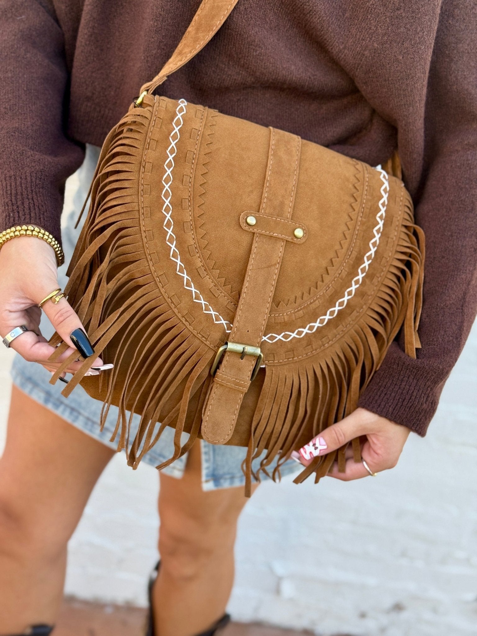 Faux Suede Tassel Crossbody Bag In Brown - Infinity Raine