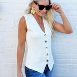 Fine Button Down Vest In Cream - Infinity Raine