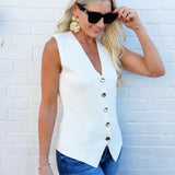 Fine Button Down Vest In Cream - Infinity Raine