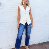 Fine Button Down Vest In Cream - Infinity Raine