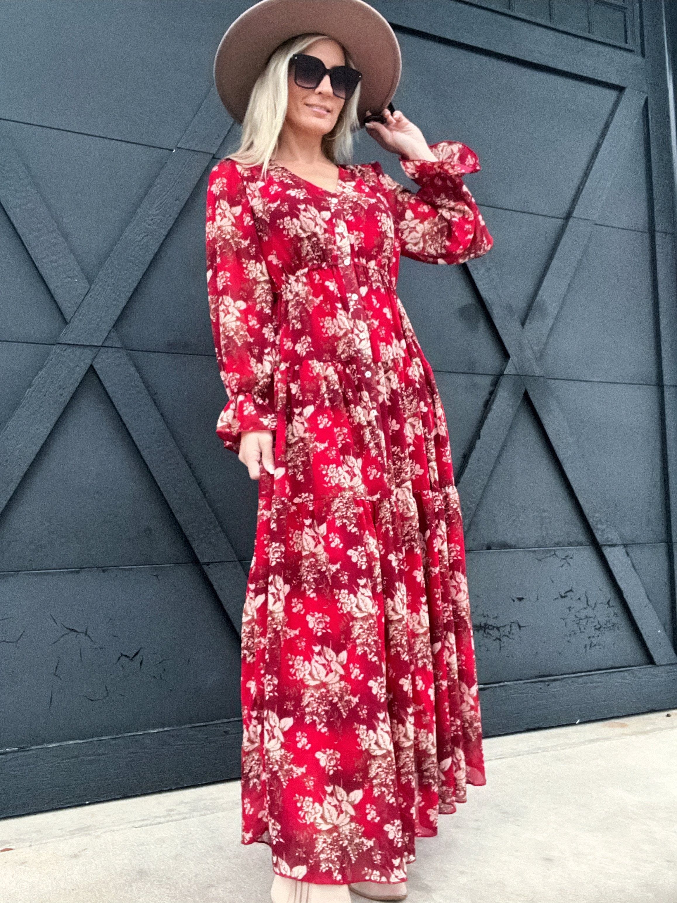 Floral Long Sleeve Maxi Dress-Red - Infinity Raine