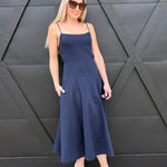 Fit and Flare Midi Dress In Navy, L Fit and Flare Midi Dress In Navy, L