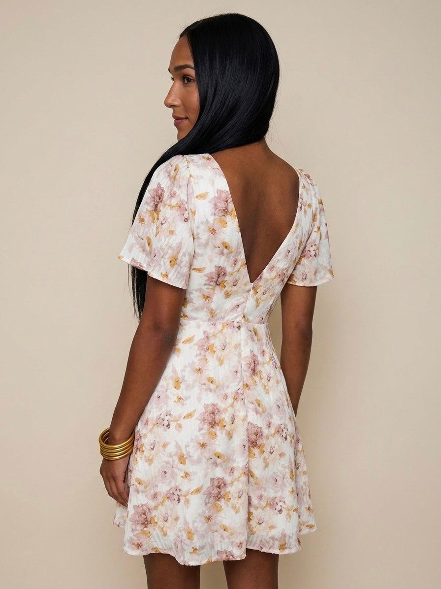 Floral Burnout Jacquard Short Flutter Sleeve Mini Dress In Ivory - Infinity Raine