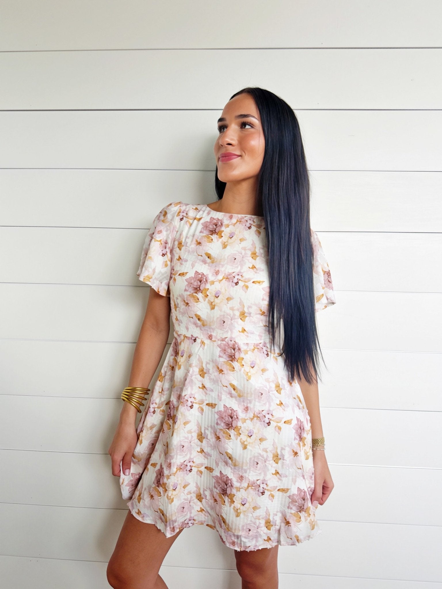 Floral Burnout Jacquard Short Flutter Sleeve Mini Dress In Ivory - Infinity Raine