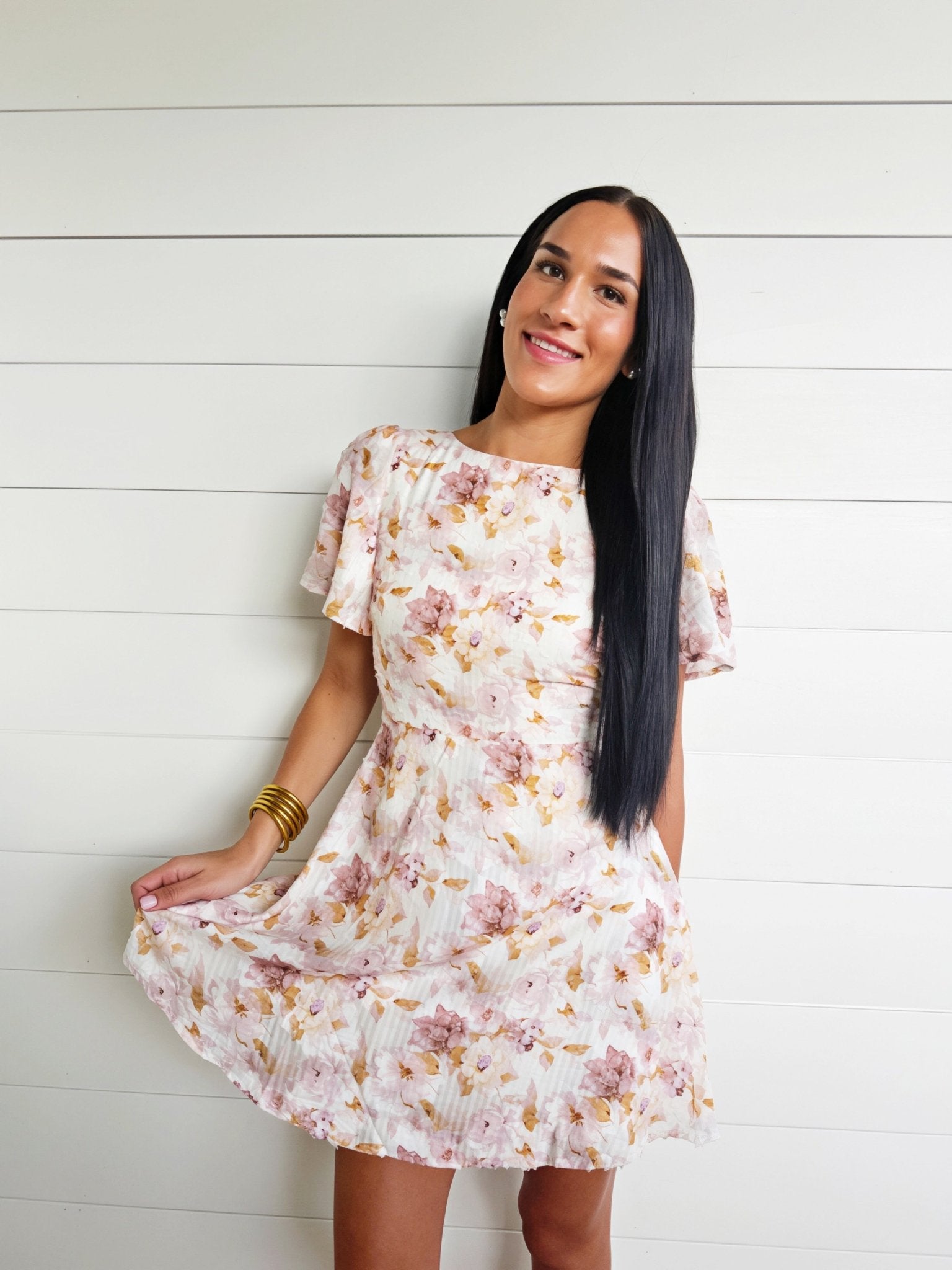 Floral Burnout Jacquard Short Flutter Sleeve Mini Dress In Ivory - Infinity Raine