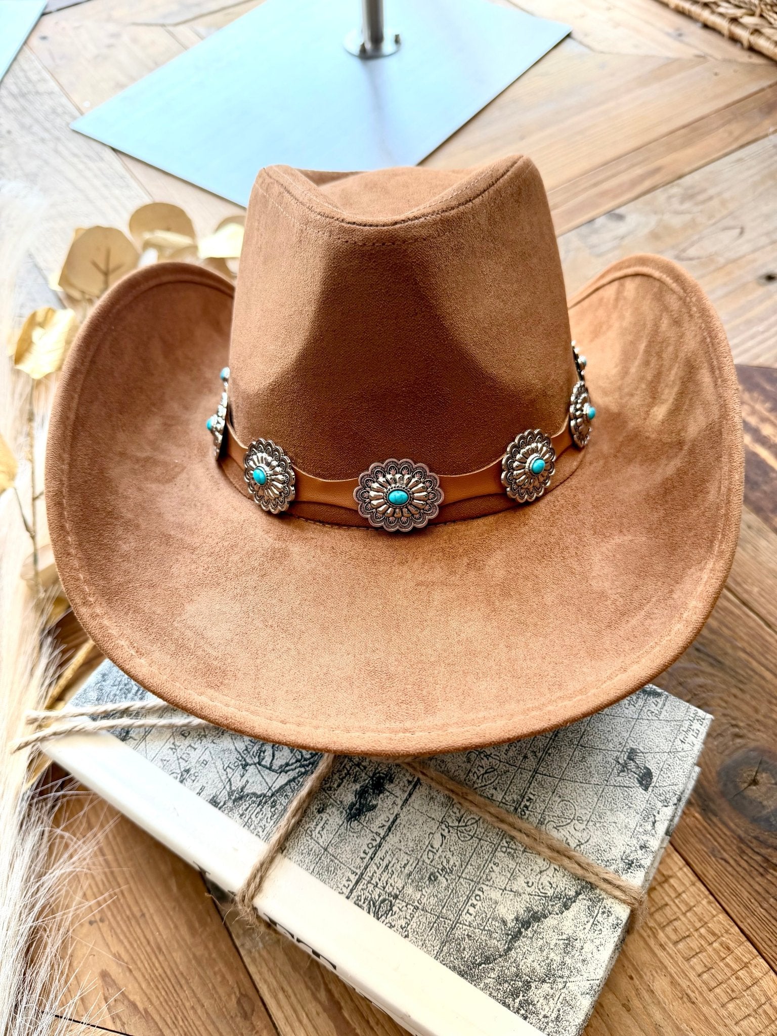 Floral Concho Western Cowboy Hat In Brown Suede - Infinity Raine