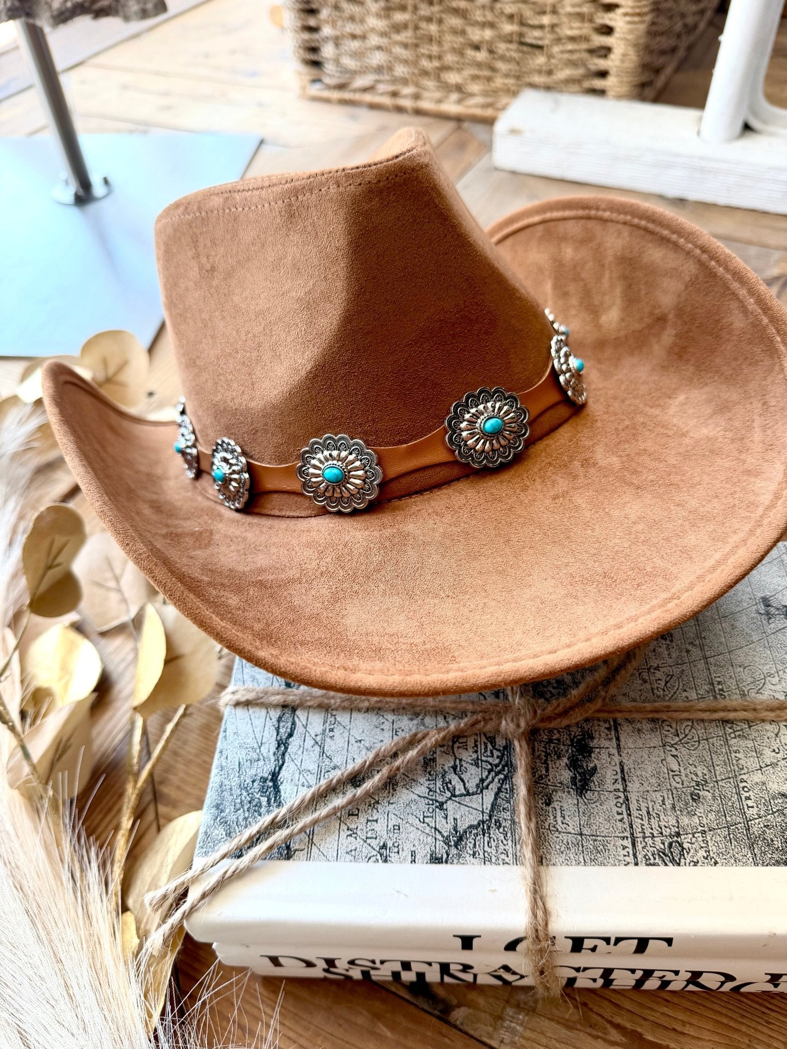 Floral Concho Western Cowboy Hat In Brown Suede - Infinity Raine