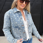 Floral Denim Collard Button Down Jacket In Washed - Infinity Raine