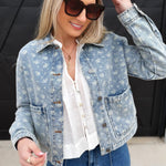 Floral Denim Collard Button Down Jacket In Washed - Infinity Raine