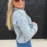 Floral Denim Collard Button Down Jacket In Washed - Infinity Raine