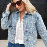 Floral Denim Collard Button Down Jacket In Washed - Infinity Raine