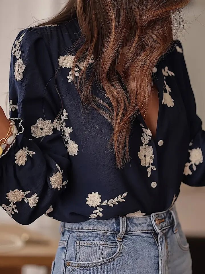 Floral Detail Button-Up Blouse In Blue - Infinity Raine