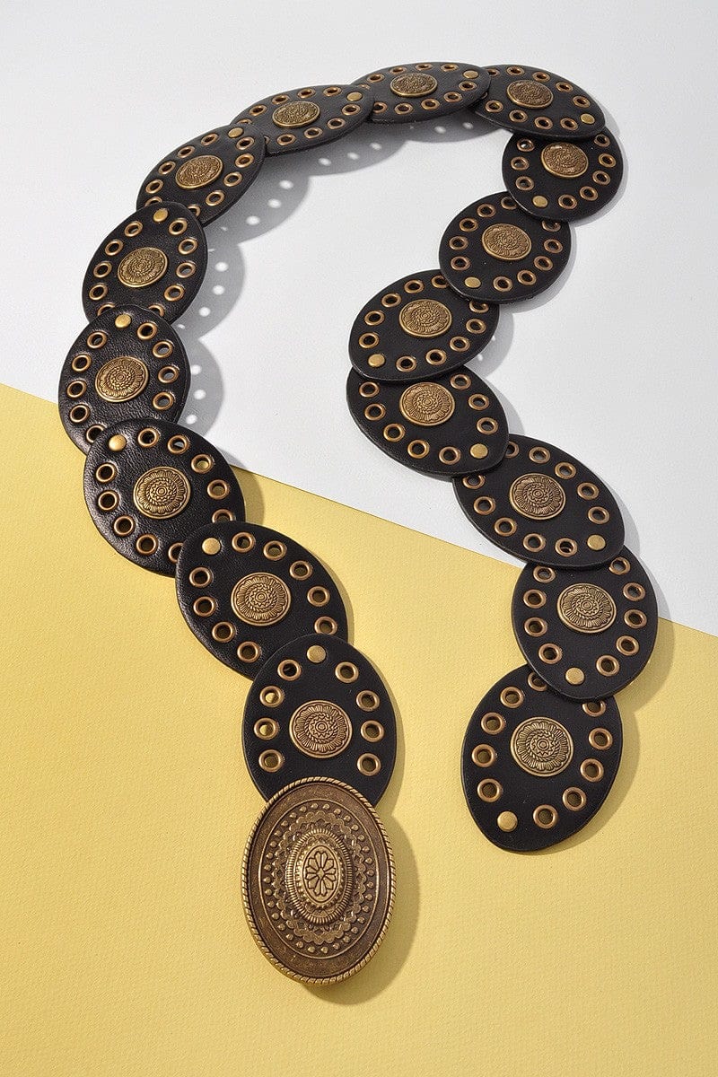 Floral Embossed Oval Disc Belt In Ago Black - Infinity Raine