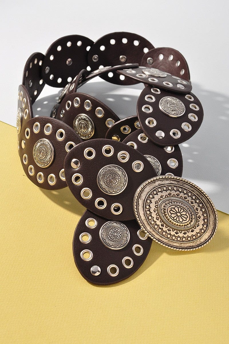 Floral Embossed Oval Disc Belt In Asl Dark Brown - Infinity Raine