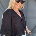 Floral Embroidery Tie Front Blouse In Black - Infinity Raine