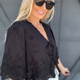 Floral Embroidery Tie Front Blouse In Black - Infinity Raine