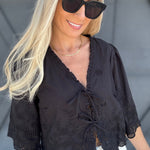 Floral Embroidery Tie Front Blouse In Black - Infinity Raine
