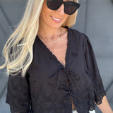 Floral Embroidery Tie Front Blouse In Black - Infinity Raine